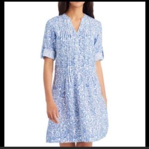 J. McLaughlin Riviera Linen Pop Over Blue White Dress Floral Print Roll Tab Slv